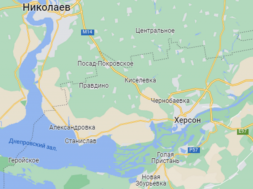 Карта города Херсона и прилегающих территорий.