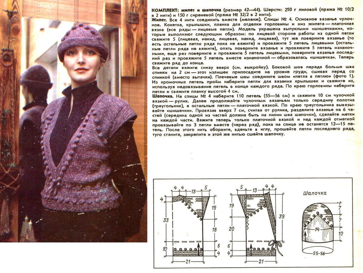 Комплект вязаный жилет и шапочка, "Вязание. Мода для всех", 1983 г., автор М.В. Максимова