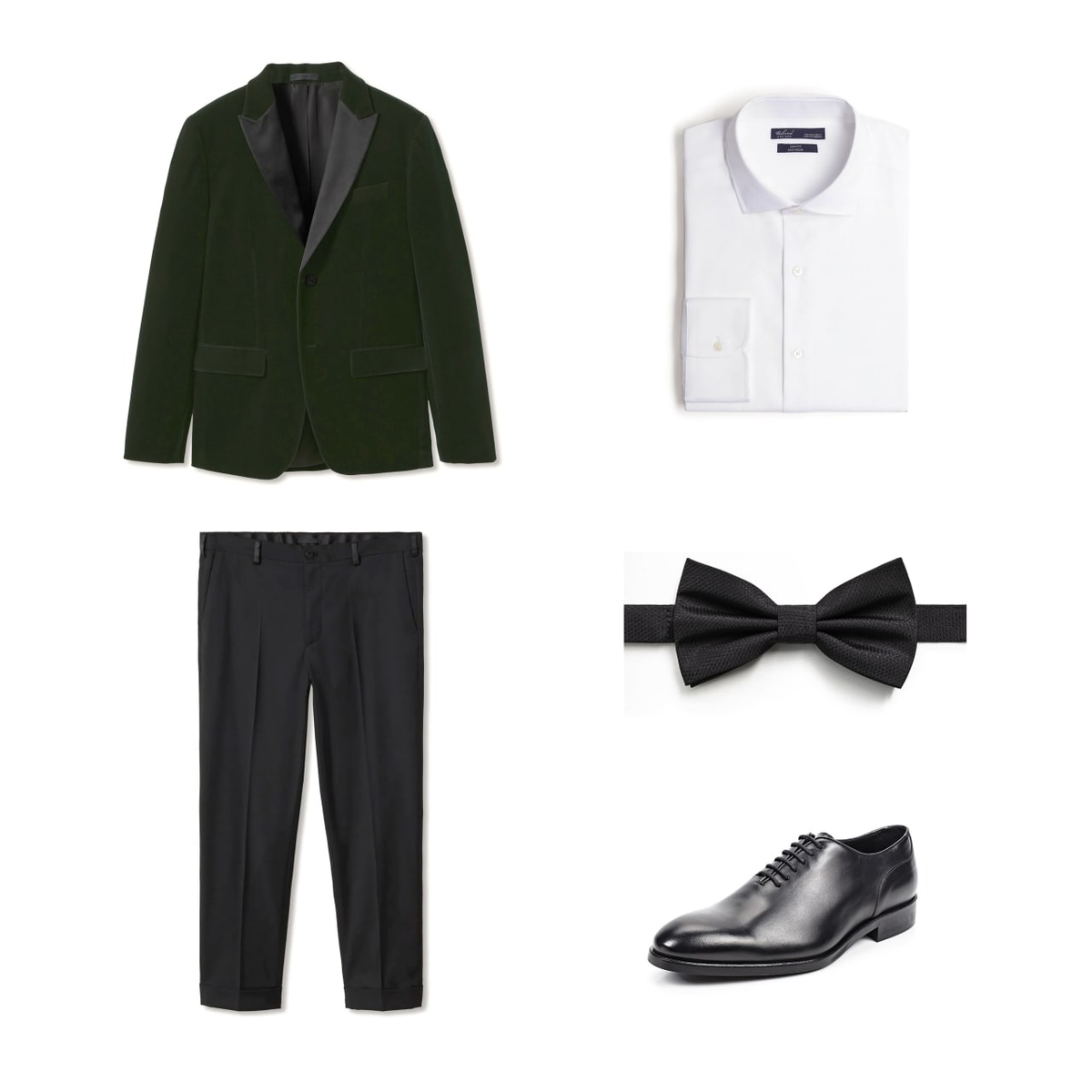 Образ с зеленым вечерним пиджаком, рубашкой и бабочкой.