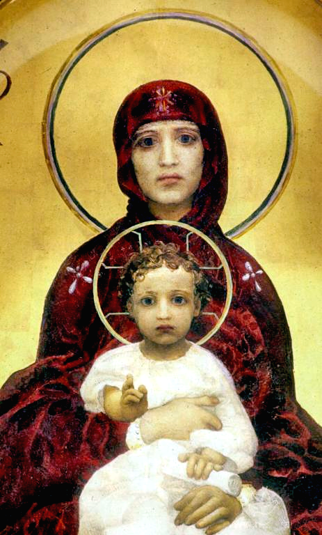 М. Врубель. Икона «Богоматерь с младенцем», 1884-1885 г. Считают, что внешние черты первой неудачной любви художника были присвоены Богоматери на этой иконе. 