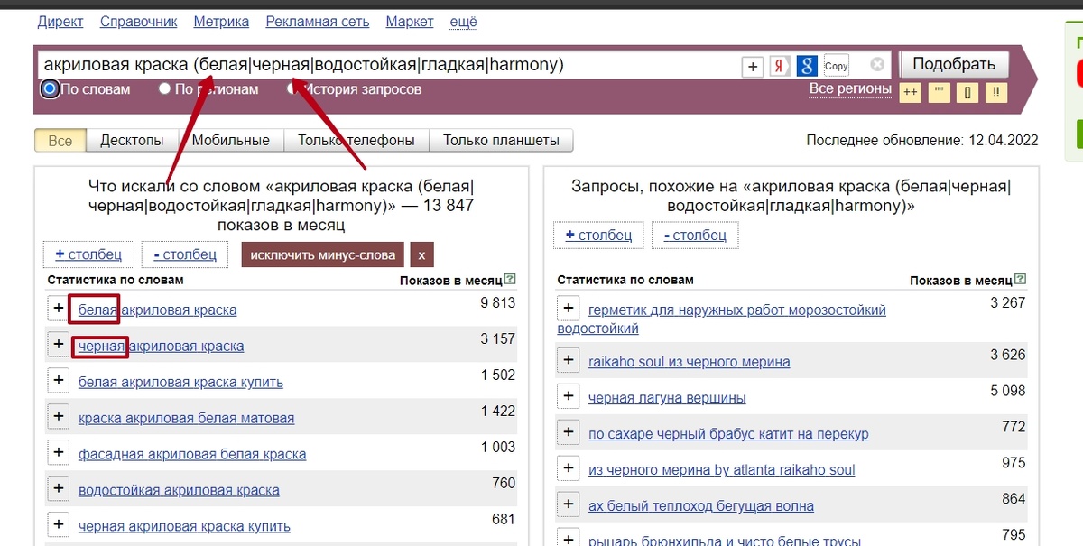 Применение оператора в Wordstat