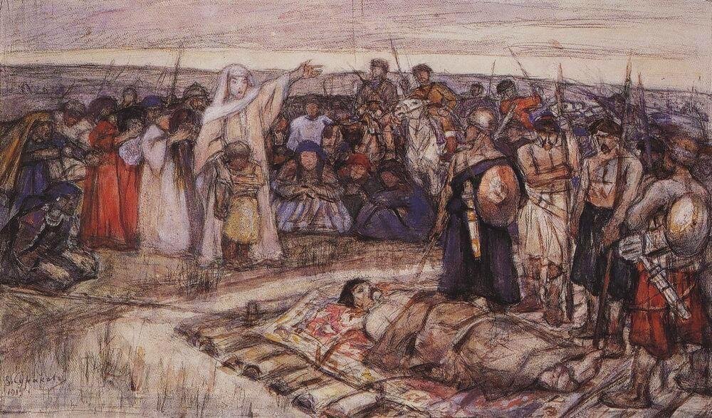 "Княгиня Ольга встречает тело князя Игоря". Эскиз В.И. Сурикова, 1915