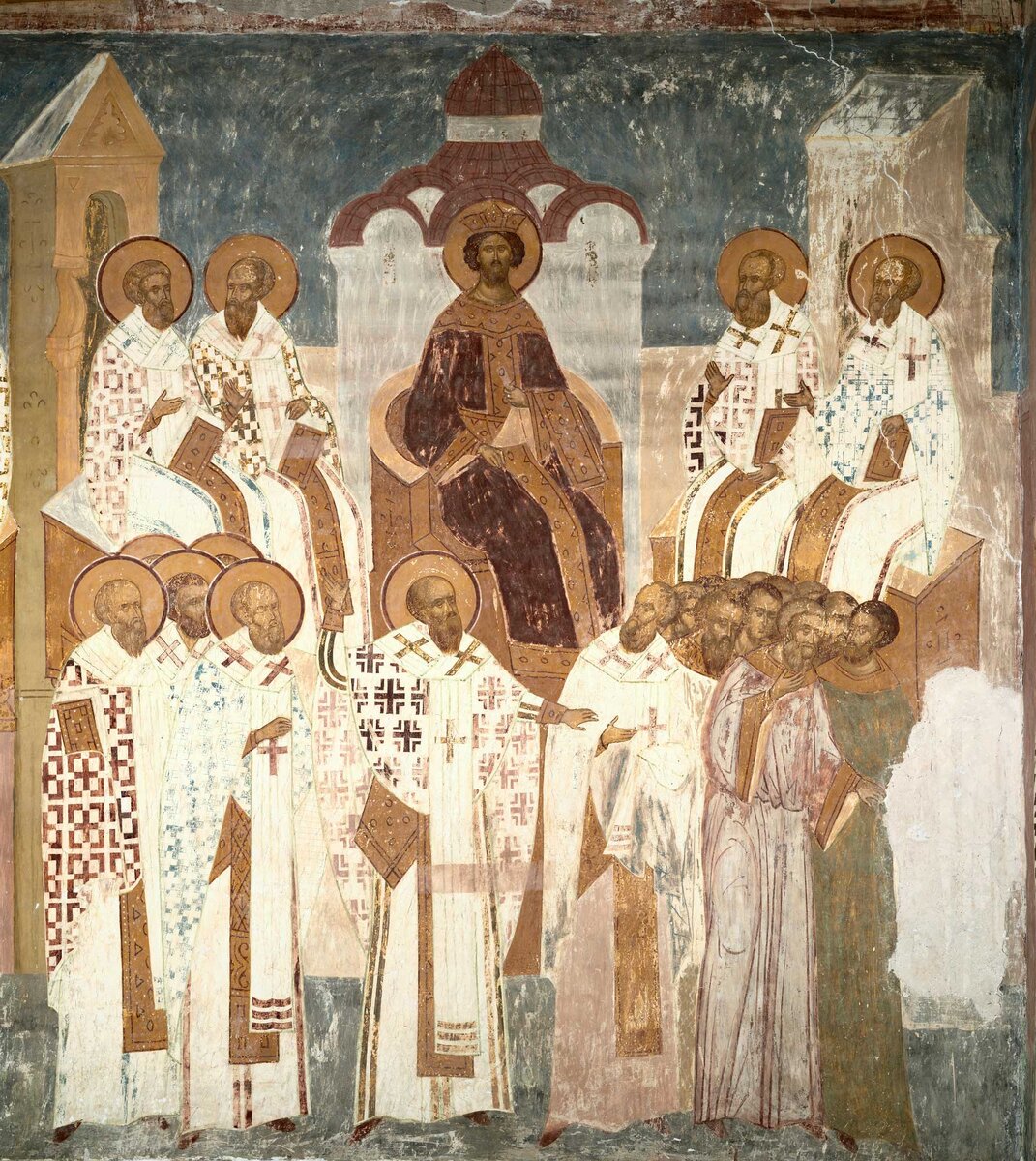 Фреска Второй Вселенский Собор из цикла "Вселенские Соборы" 1502 г. Дионисий, Собор Рождества Богородицы Ферапонтова монастыря. https://www.icon-art.info/masterpiece.php?mst_id=8264