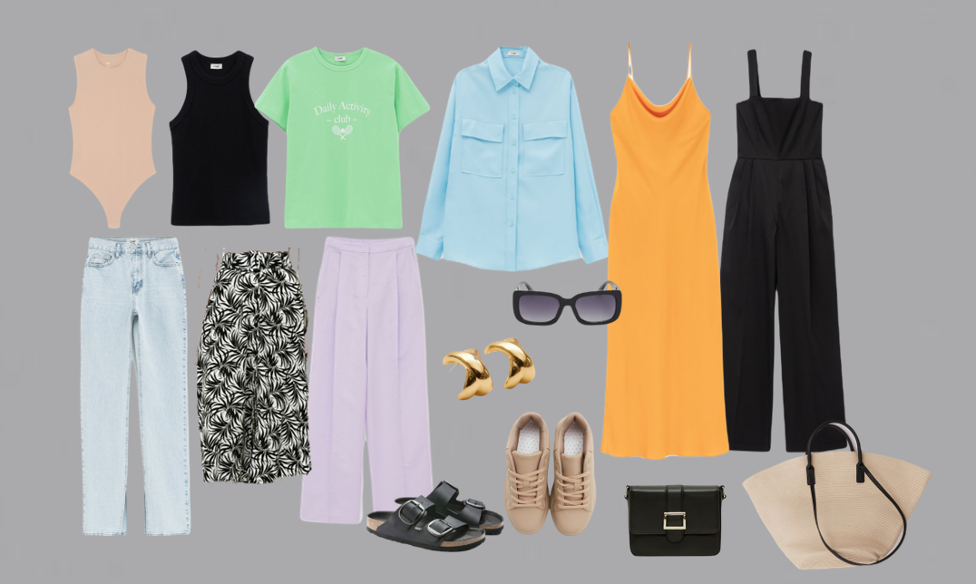 Что входит в капсулу: боди телесного оттенка, черный топ, сочно-зеленая футболка с принтом, небесно-голубая рубашка, светлые джинсы, юбка с принтом, брюки оттенка лаванды, желтое  платье-комбинация, хлопковый комбинезон. Плетеная сумка-шопер, маленькая черная сумочка, бежевые кеды, черные биркенштоки, винтажные серьги и солнцезащитные очки. Куда же летом без них. Фото - моё.