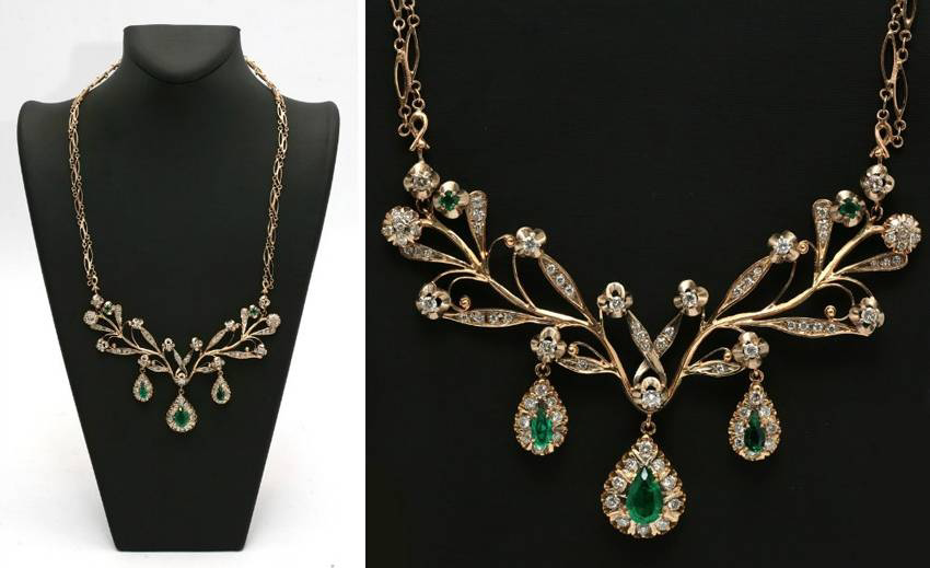 Великолепное колье с изумрудами и бриллиантами. Классический дизайн. Золото. Третья четверть XX в. Сочетание бриллиантов и изумрудов