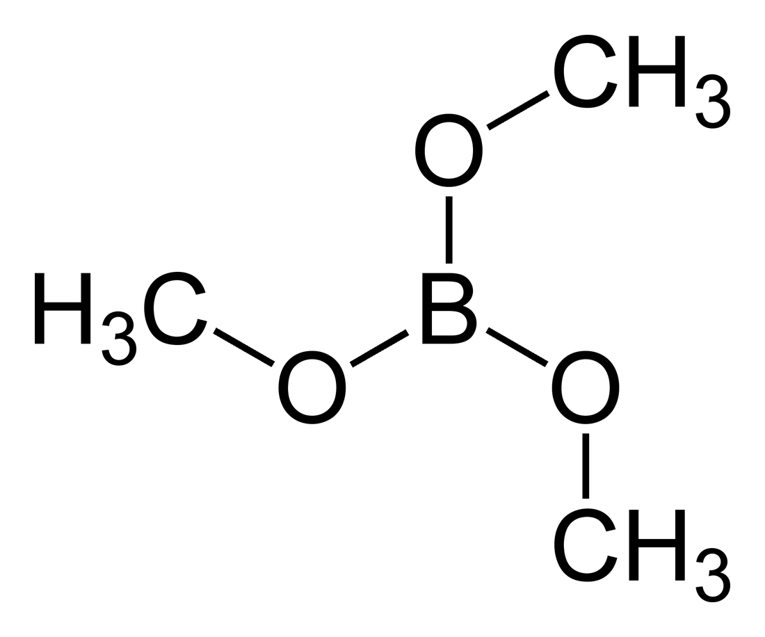   Формула триметилбората. В центре - трехвалентный атом брома.