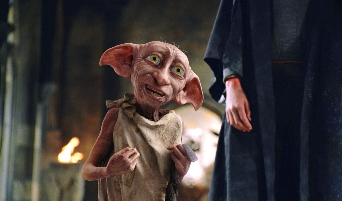 А фразу "Добби свободен" наверное, знает практически каждый. В фильмах многое упущено из истории домовых эльфов. А в книгах Гермиона создала целое общество борьбы за права домовиков. Кадр из фильма "Гарри Поттер и Тайная комната"