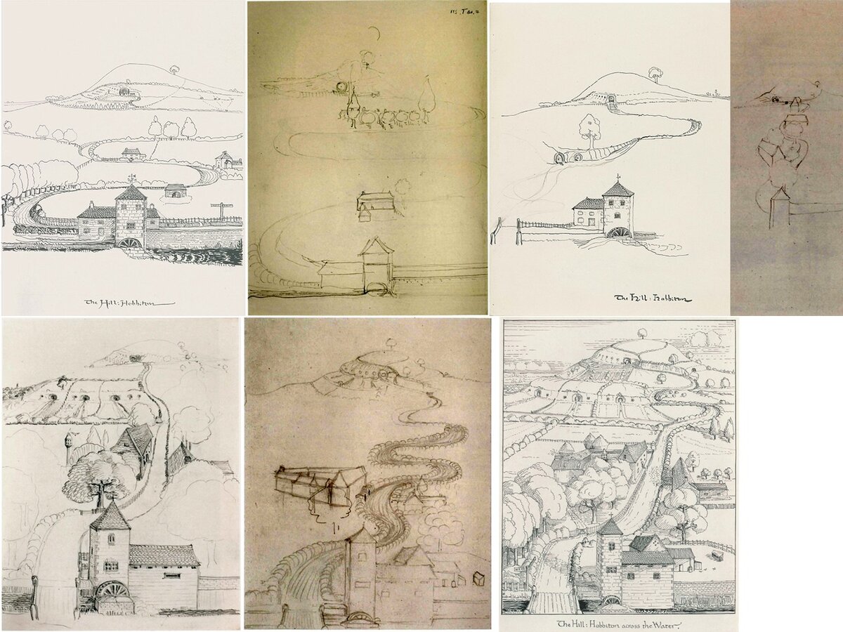Черновые и окончательный (справа внизу) чёрно-белые варианты «Холма».