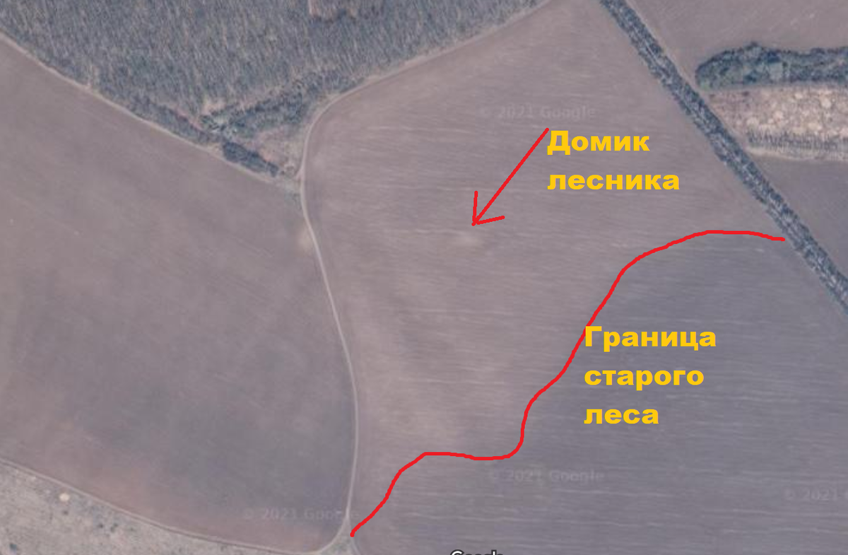 Меловое пятно на поле размером 20 х 20 метров на месте старого домика лесника