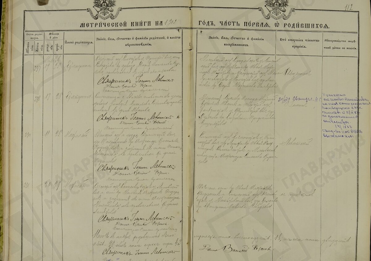 Путем полистного пролистывания метрической книги Церкви Седьмовселенской близ Новодевичьего монастыря Пречистинского сорока за 1912 год мною были обнаружены сведения о рождении моего деда - Николая Михайловича