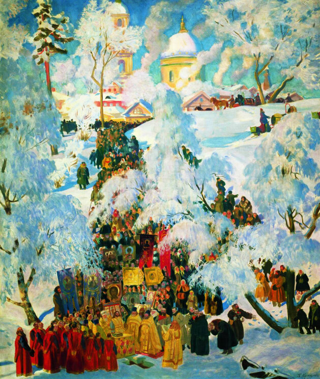 картина Б. Кустодиева "Крещенское водосвятие" 1921 год