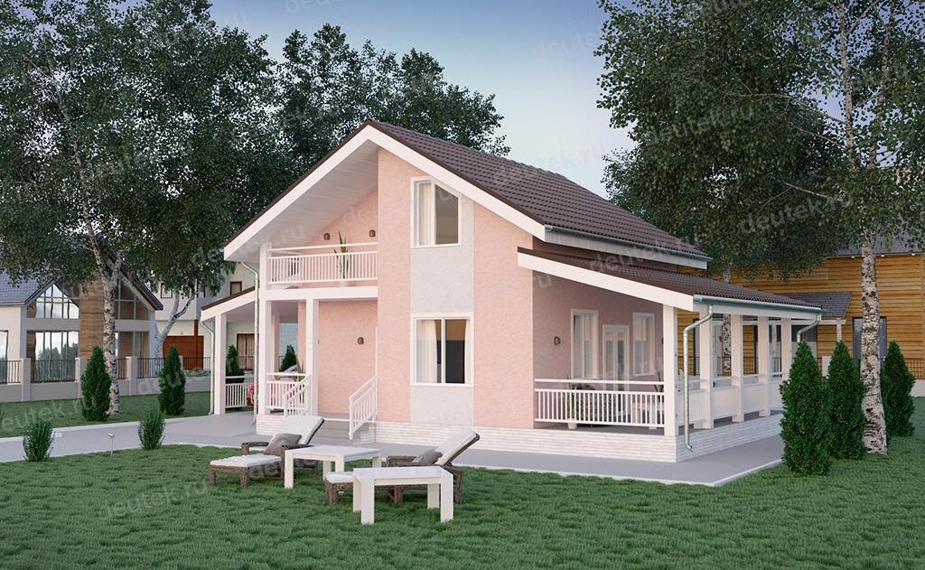 Проект каркасного дома 120 м2 с мансардой, сауной, навесом, балконом и террасой - DTW0027