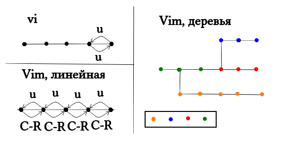 В vi отмена одношаговая и отменяет сама себя. В Вим есть линейная отмена и возврат. Но если после отмены вы совершли изменение - вы начали новую ветвь. Линейная замена так не умеет, но Вим позволяет работать с деревьями правок (справа). Три ветви: сначала сделаны зеленые правки, потом красные, потом красные отменены и сделаны синие, потом синие и две зеленые отменены и сделаны рыжие. Возврат через g- будет возвращать правки в порядке, указанном в рамочке. Обратите внимание на прыжки с точек ветвления на концы ветвей! Обход в хронологиескиом порядке!