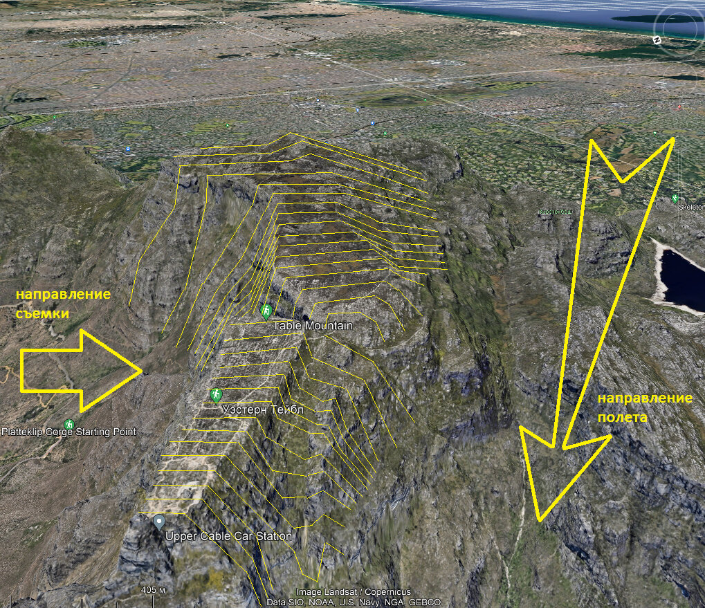 Прорисовка рельефа горы, направление полета и направление съемки.