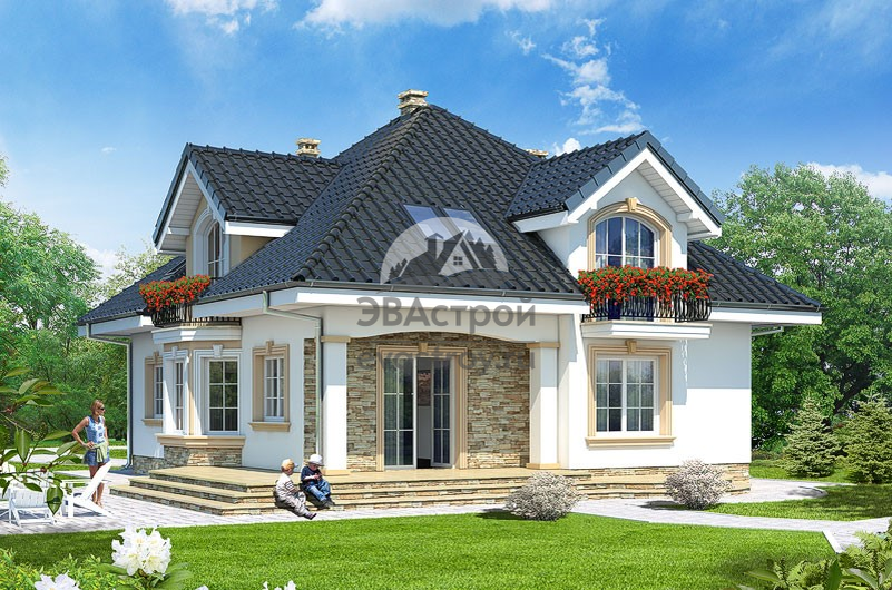 Проект дома 227 м2 с мансардой, эркером, гаражом и террасой - SK-55