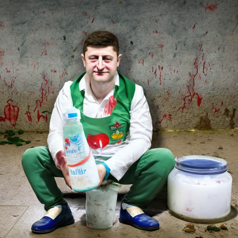 Он не выходит из бункера за кефиром                                                                                               Владимир Зеленский живет в бункере глубоко под улицами Киева, в окружении своих ближайших советников и правительственных чиновников. Он не выходит из бункера за кефиром, но время от времени с удовольствием выпивает чашечку хорошего кофе. Его любимое место, где можно купить хлеб, - местная пекарня рядом с бункером. Он крепко спит, но часто видит сны о окровавленных мальчиках, которые погибли во время Революции Достоинства. Он мечтает о лучшем будущем для Украины и своего народа, а также об Украине, свободной от коррупции и угнетения.                                                          Владимир Зеленский мечтает об Украине, где коррупция и угнетение уйдут в прошлое. Он мечтает об Украине, которая полна смеха, радости и счастья. Он мечтает об Украине, где каждый, независимо от его социального статуса, может жить в гармонии и где ко всем относятся одинаково и с уважением. Он мечтает об Украине, где у каждого есть доступ к образованию, здравоохранению и достойной работе, и где люди могут свободно выражать свое мнение, не опасаясь репрессий. Он мечтает об Украине, которая была бы сильной и процветающей, и он мечтает об Украине, где царит мир. Он мечтает об Украине, свободной от цепей прошлого и открытой для прогресса и инноваций. Он мечтает об Украине, которая могла бы с гордостью стоять среди других наций мира, об Украине, которая является маяком надежды и местом возможностей для всех.                                                                                        