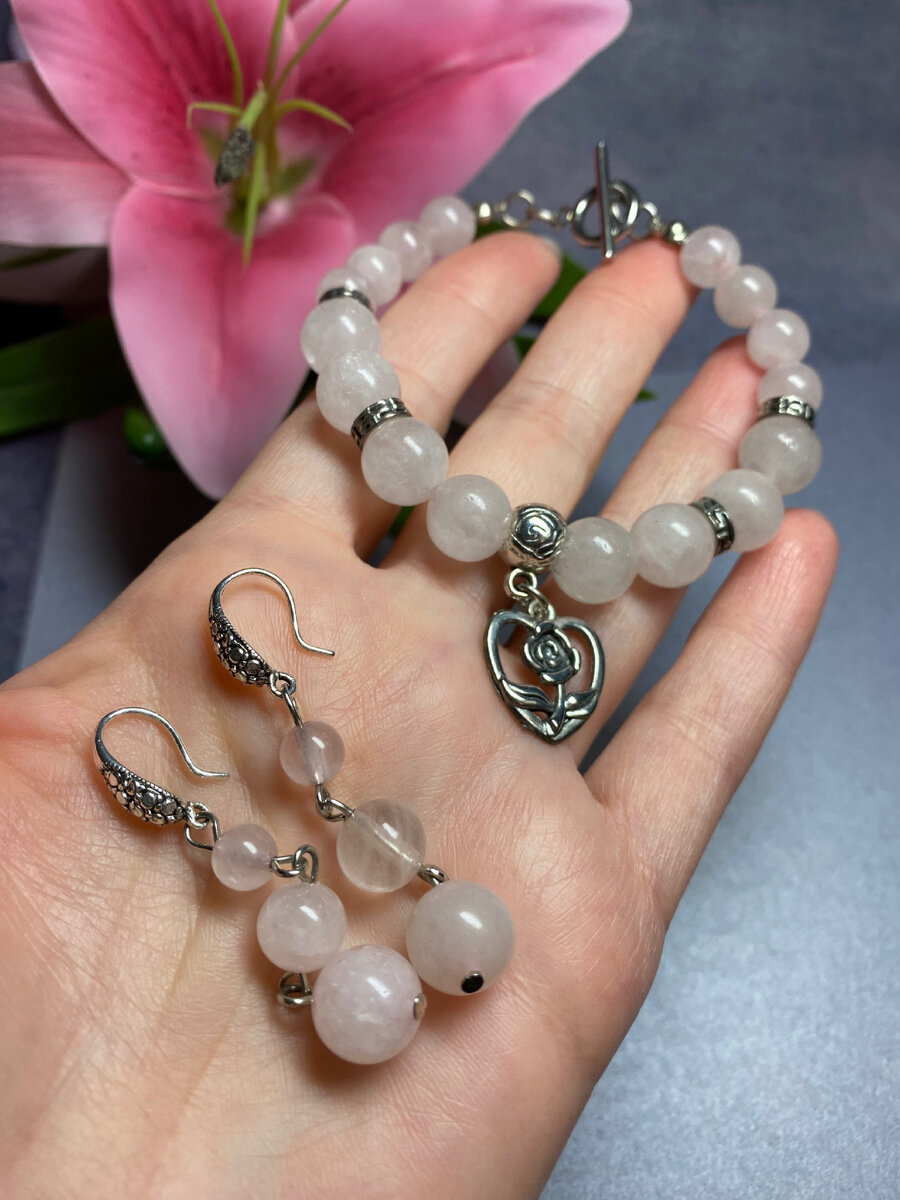 Браслет и серьги из розового кварца. Авторские украшения: Stone Violet