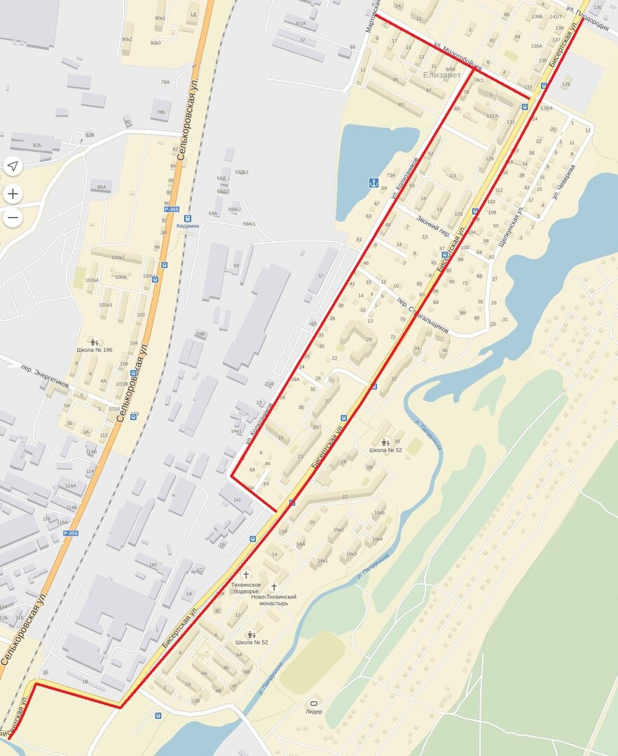 Бисертская - Колхозников - Молотобойцев (Екатеринбург) © Яндекс