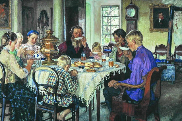Картина «Новые хозяева. Чаепитие», Богданов-Бельский. 1913.