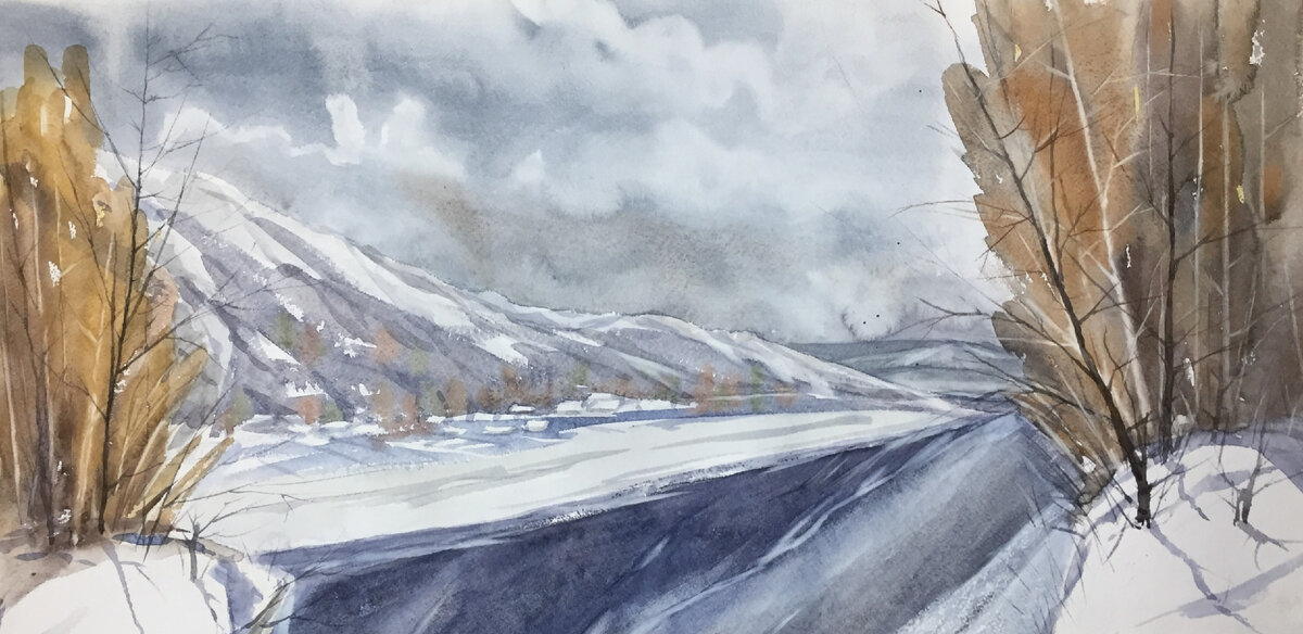 "Зимний пейзаж". Авторская работа художника Андреева С. Н. Бумага, акварель, размер 40х90см.