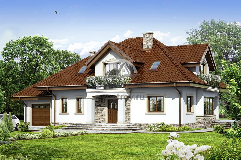 Проект дома 277 м2 из газобетона с гаражом, кабинетом и террасой - LG-70