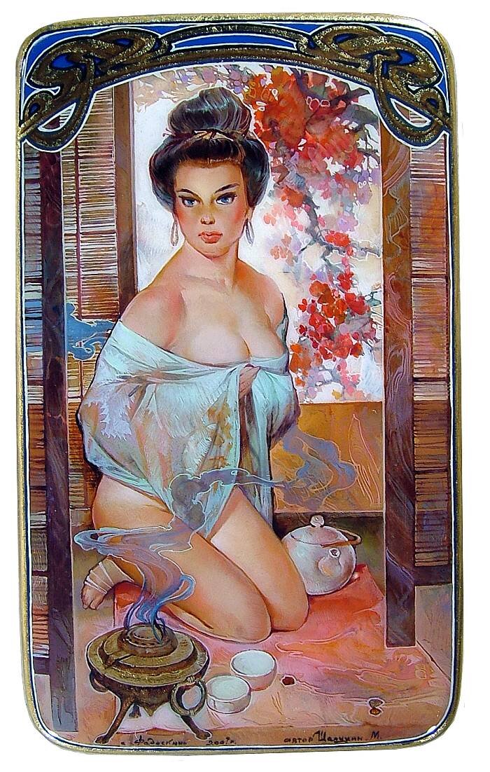 "Чаепитие во время весеннего цветения". Визитница. Миниатюрная живопись, масло, лак, сусальное золото, перламутр. 12х7х3см