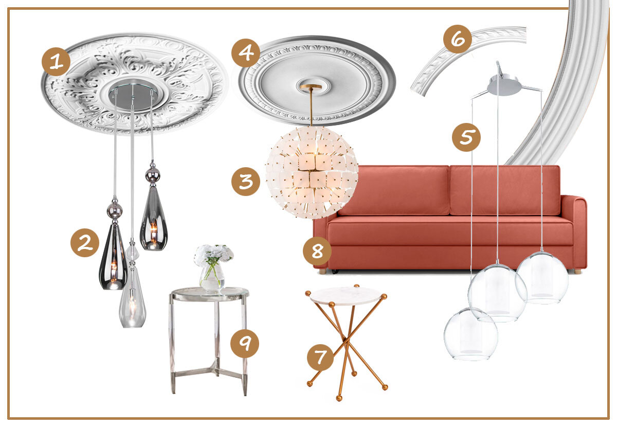1,4. Розетка Orac Decor 2. Подвесной светильник Eurosvet 50202/3 хром 5. Подвесная люстра Eglo Bolsano 92762  6. Радиус [1/4 круга] DECOMASTER 8. Диван Данста Velvet Terra