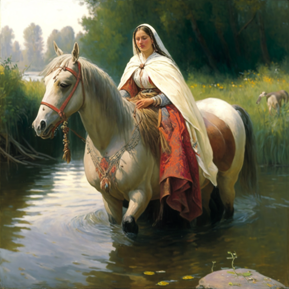 женщина переходит в брод 