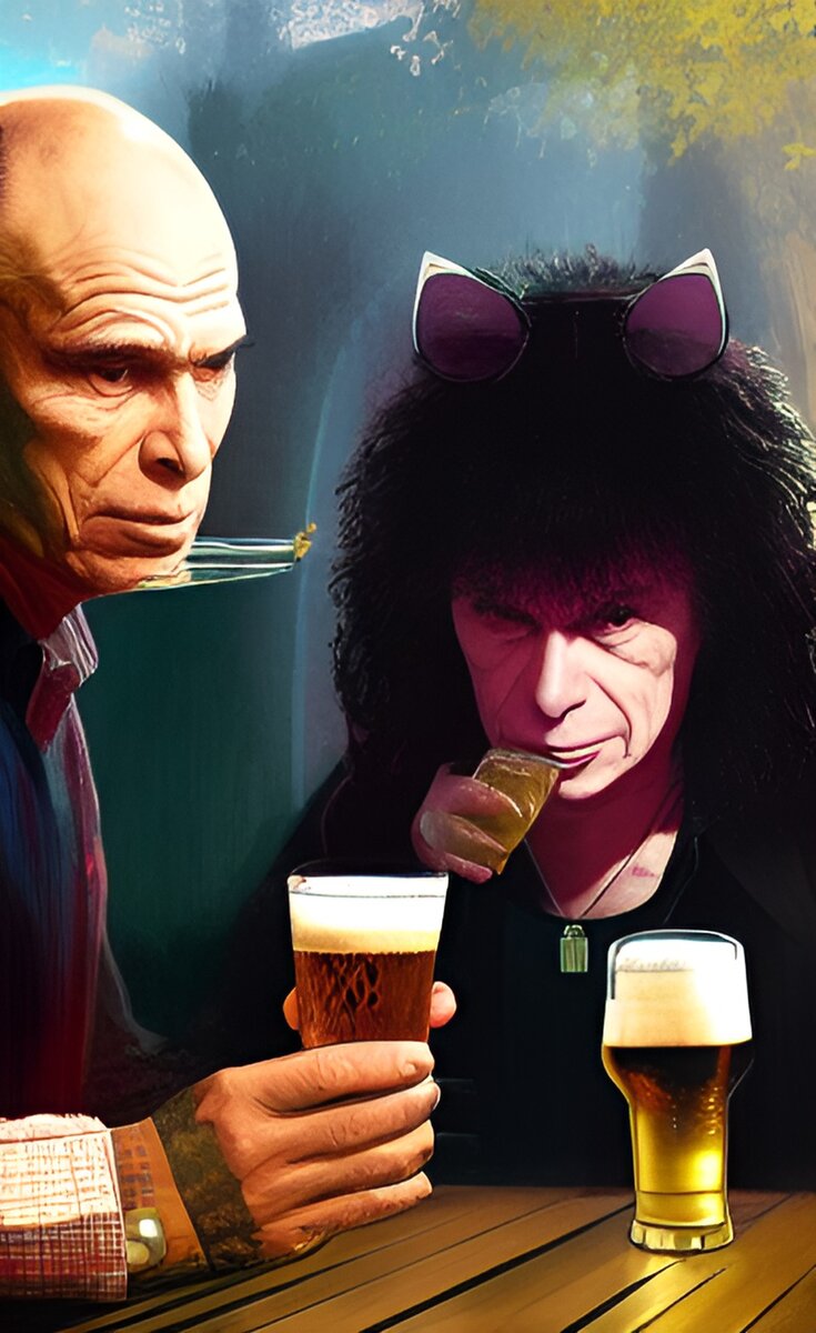 Ронни Джеймс Дио и Джин Симмонс в обществе двух стаканов паба WSKONE