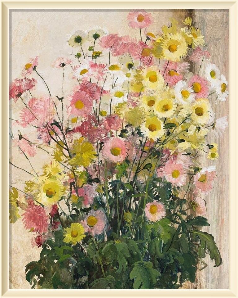 29. OLLE HJORTZBERG (Swedish, 1872-1959). Bukett med krysantemum. Olja på pannå, 81 x 65 