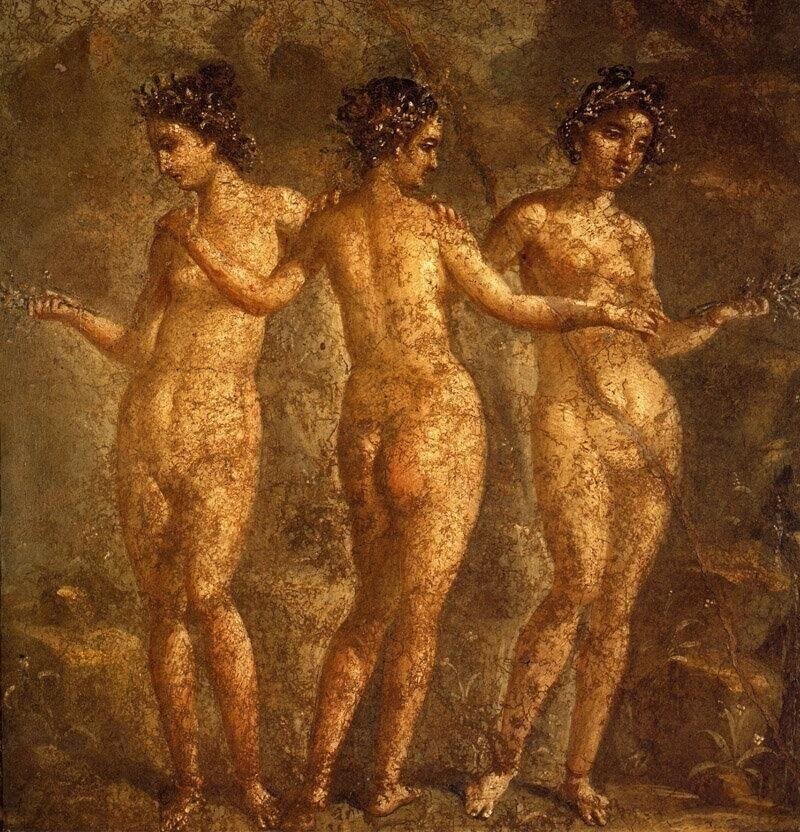 Фреска с тремя грациями на стене дома в Помпеях, I в. н.э.