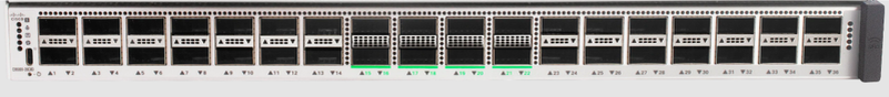 Cisco Catalyst C9500X-28C8D (центральная группа портов QSFP28 с зелёной маркировкой — 400GbE)