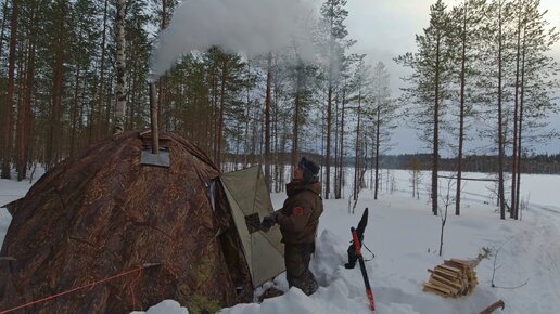 ВЫЖИВАЮ В МОРОЗНОМ ЛЕСУ. ЖИВУ В ПАЛАТКЕ С ПЕЧКОЙ. РЫБАЛКА НА НАЛИМА. НОЧНАЯ РЫБАЛКА В КАРЕЛИИ. ТАЁЖНОЕ ПРИКЛЮЧЕНИЕ