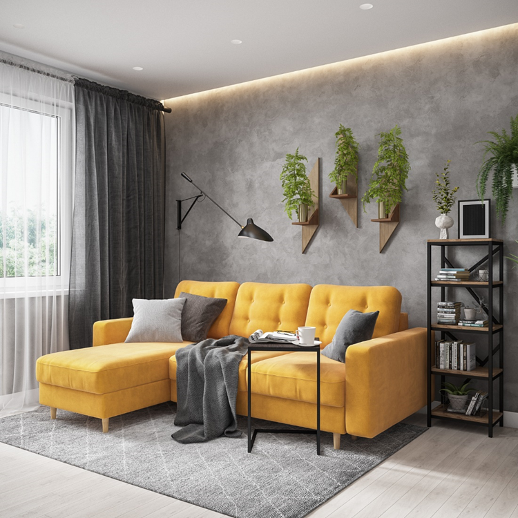 Высокие деревянные ножки дивана, металлические конструкции тумбы и стеллажа, мраморная отделка стен – элементы стиля Лофт.