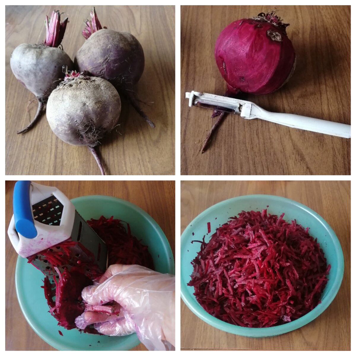 Натираю свёклу на тёрке. Коллаж из фото автора. 