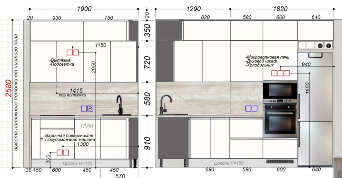 Рекомендуемые места для расположения розеток и выключателей для подключения бытовой техники