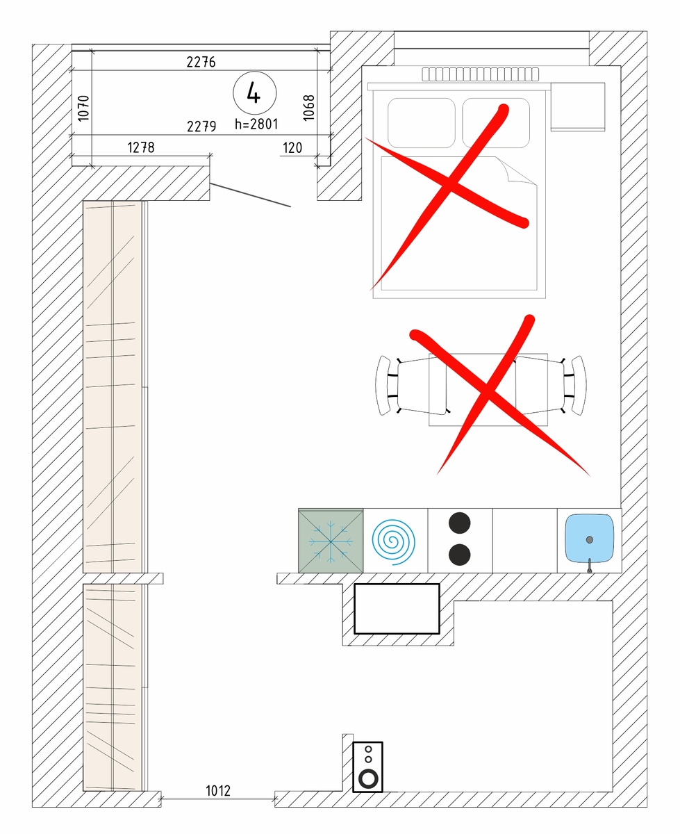 нет рабочего места и вообще не функционально, хотя, конечно, большие шкафы, но нужны ли они такие большие в такой маленькой квартире?!