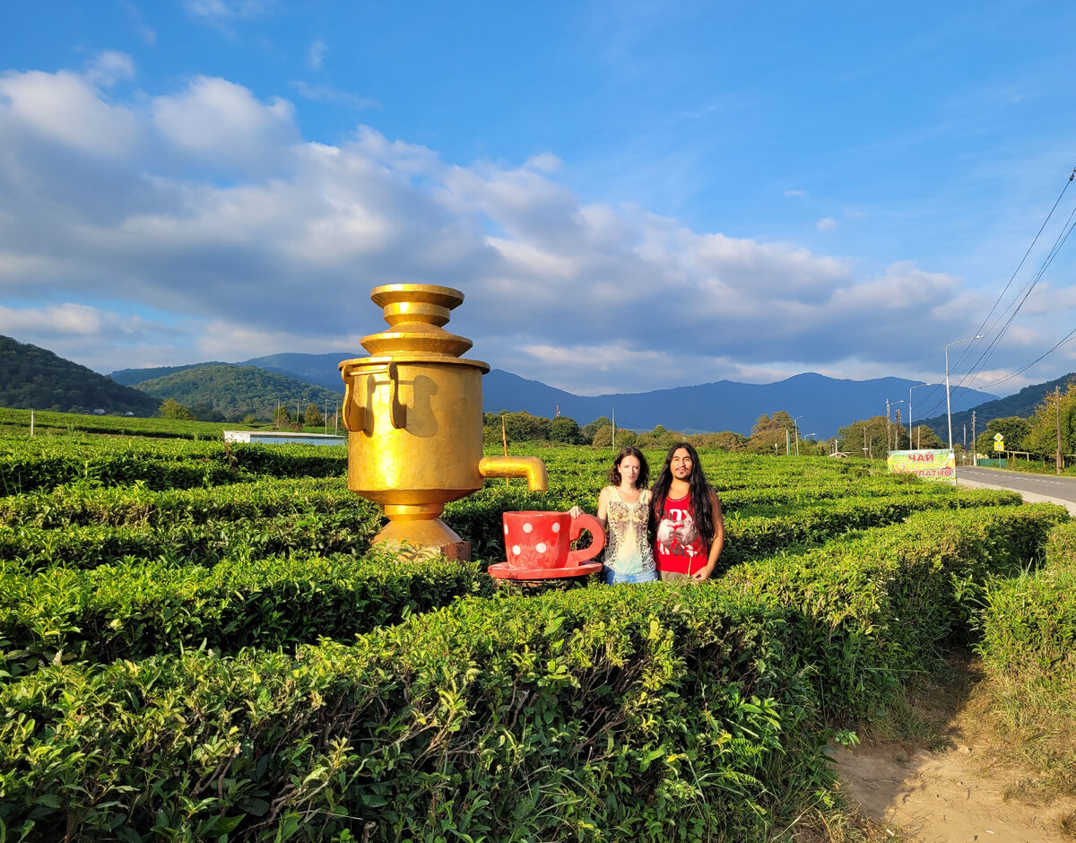 Я Ксения, автор каналов "Индейская жена" и "Принцесса мапуче" с мужем Марко на чайной плантации в Сочи