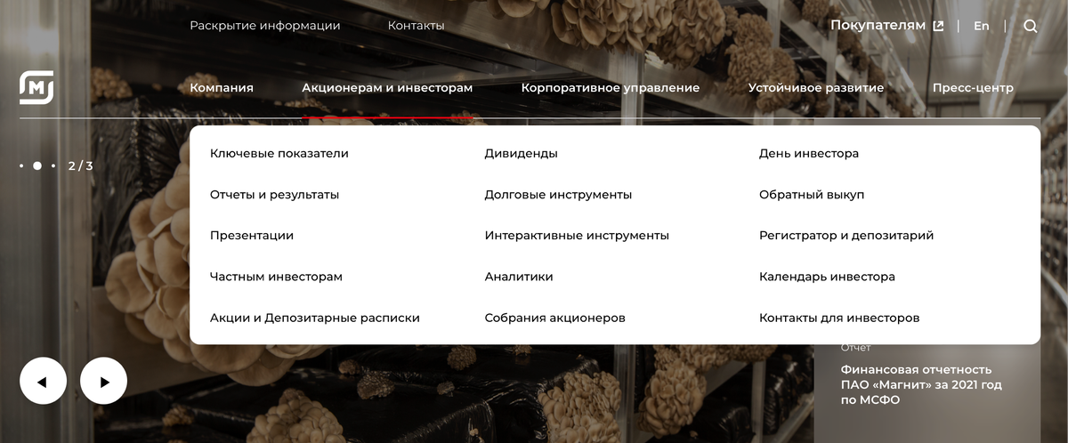Так выглядит сайт "Магнит" для инвесторов: показатели, отчеты, информация о собраниях. 