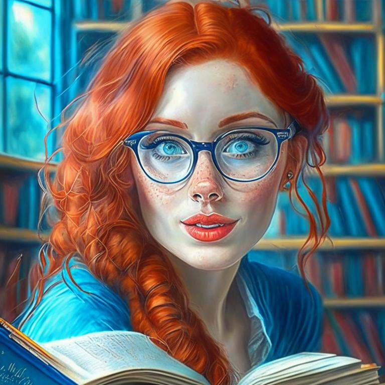 promt: красивая девушка в библиотеке, очень большие очки, голубые глаза, рыжие волосы, приоткрытый рот, карандаш в волосах, улыбка, макияж