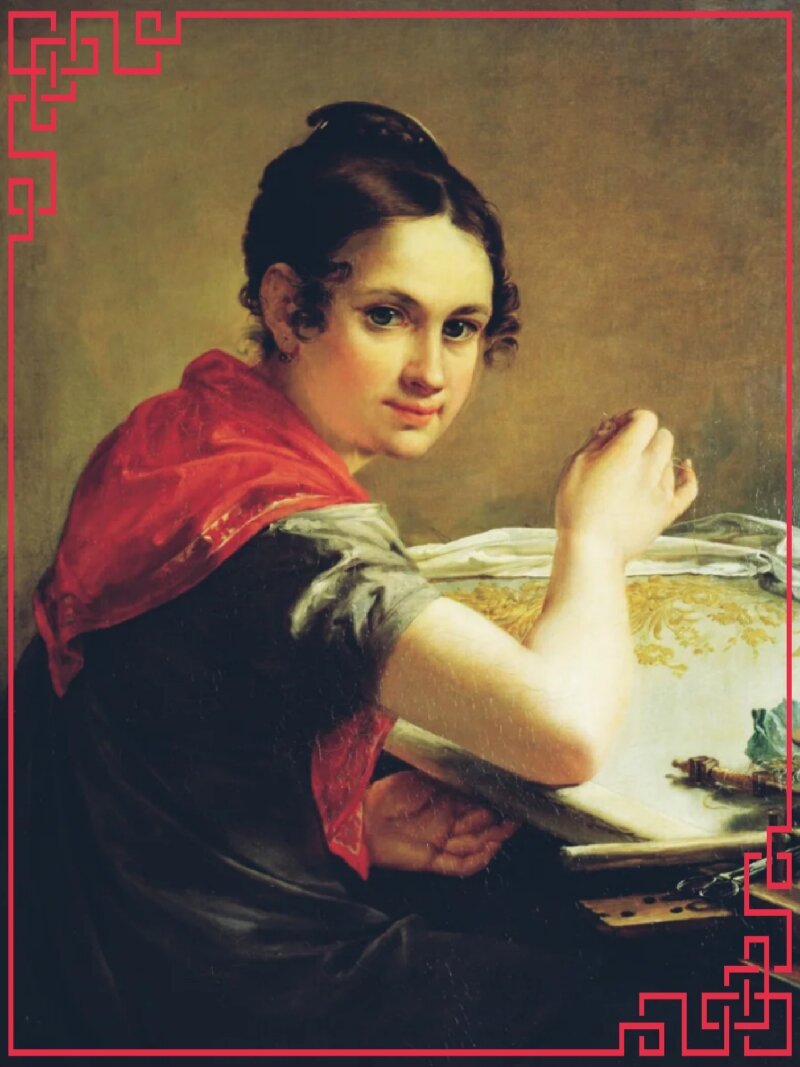 В. А. Тропинин "Золотошвейка". Как узнать золотошвейку на картине или фотографии? По большим пялам (пыльцам) и характерному положению рук: одна рука поверх пял, другая под ними. 