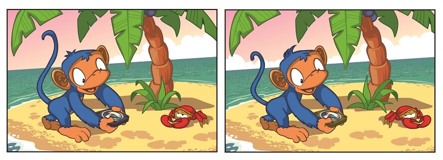 А тут у нас такая забавная обезьянка с не менее удивительным крабом. На этой карточке так же 10 отличий. Кто быстрее? Продолжаем.