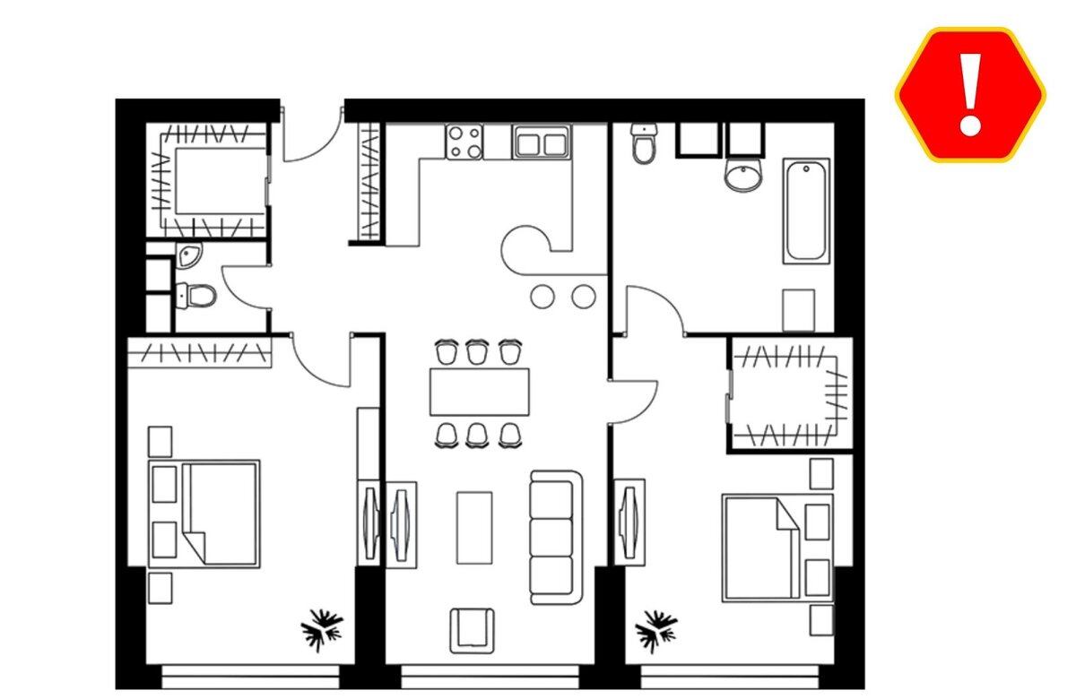 Пример из книги Сергея Смирнова «Бетонное казино»: планировка двухкомнатной квартиры в жилом комплексе «Триколор» в Москве (Рисунок с сайта застройщика https://cg-tricolor.ru/). «Объекты с такими планировками оказались без покупателей. Подобные квартиры имеют площадь в 90 м2 (!), но из-за трёх окон спроектировать в квартире можно не больше двух комнат (и обратите внимание, насколько неудобно расположены подводы воды и канализации). Получается, что гостиная превращается в 40-метровый зал — слишком великий для семьи, которая, скорее всего, будет состоять из двух взрослых и одного подросшего ребёнка. Все покупатели задавались одним вопросом: “Зачем мне такая площадь, если нельзя сделать больше двух жилых комнат?”».
