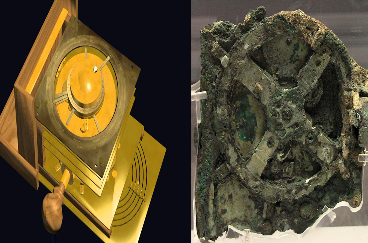 Слева воссозданная 3D модель антикитерского механизма. Справа - найденный антикитерский механизм