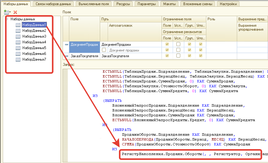 1с 8.3 скд наборы данных. 1с вложенные схемы в СКД. Вложенная схема СКД пример. Объединить два отчета в один.