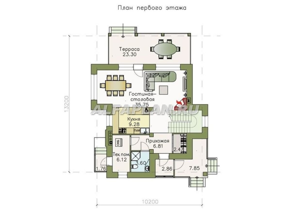 НА СЛАЙД-ШОУ 3 ФОТО: ПЛАНИРОВКА дома по проекту 496А "Прагматика". 1 этаж: 
· единое светлое пространство кухни-гостиной-столовой с лестницей на второй этаж
· просторная терраса с выходом из гостиной
· тех.помещение (котельная) имеет отдельный вход со стороны бокового фасада. При наличии газа на участке и размещении котла на кухне это помещение может быть заменено на кладовую или гардеробную.