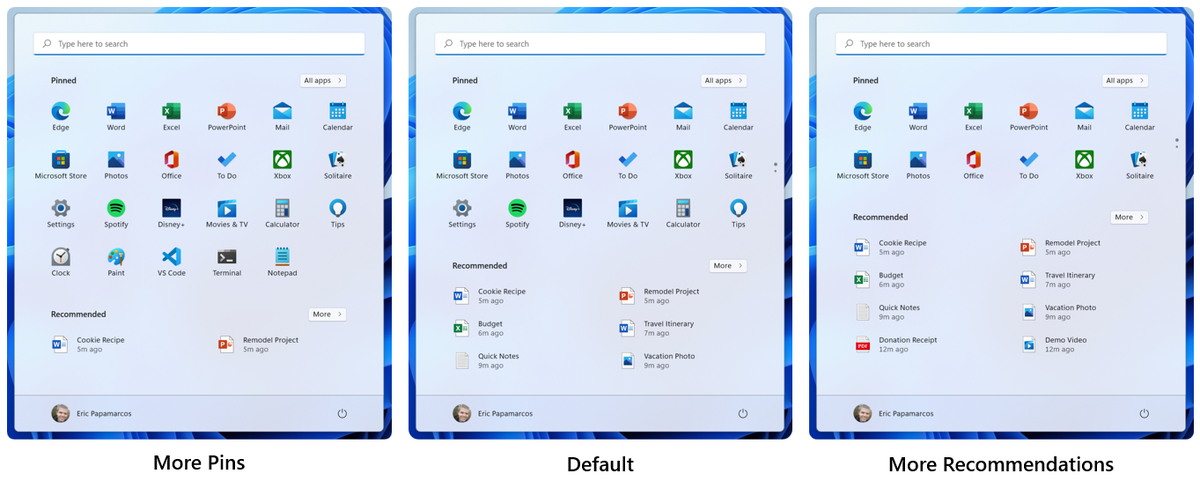 Изображение: Microsoft: Варианты внешнего вида меню "Пуск".