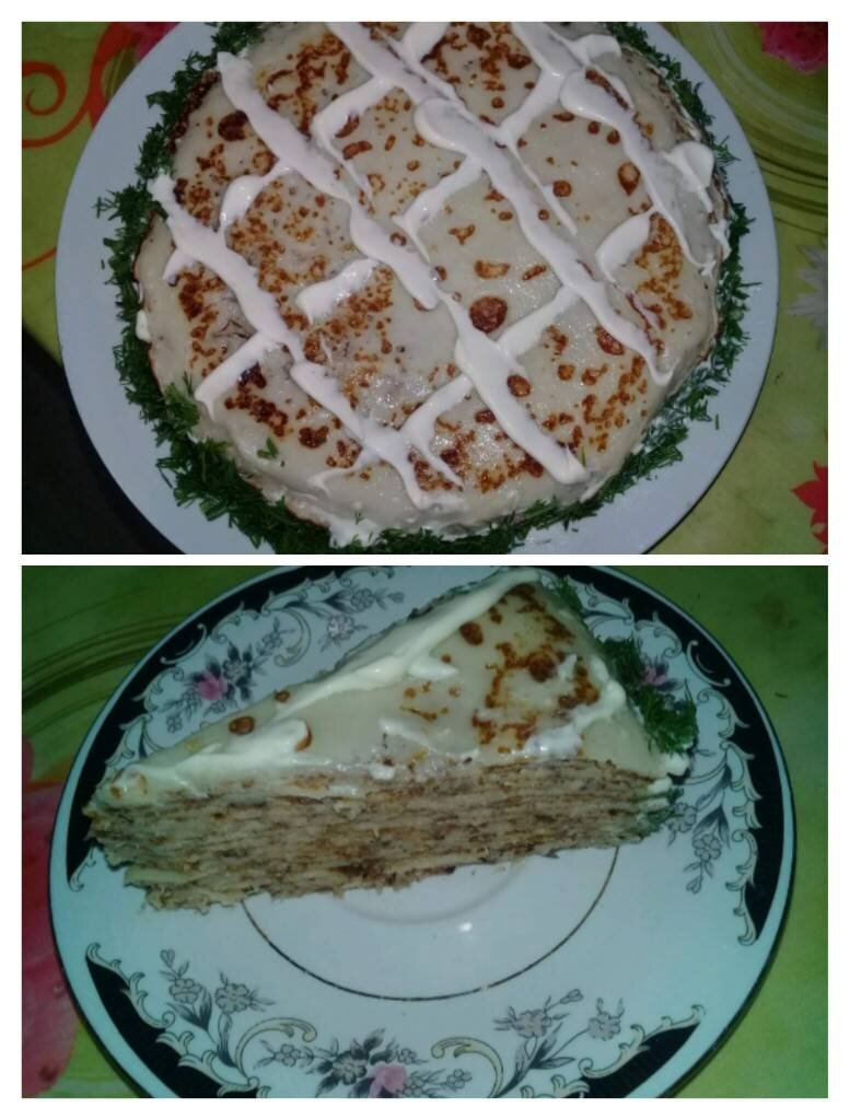 Блинный торт с курицей и грибами