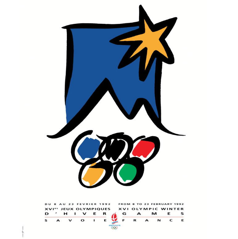 Официальный плакат Игр включает следующие элементы: горы, белый снег, голубое небо, солнце и олимпизм. Смелая цветовая гамма и простота дизайна хорошо запоминаются