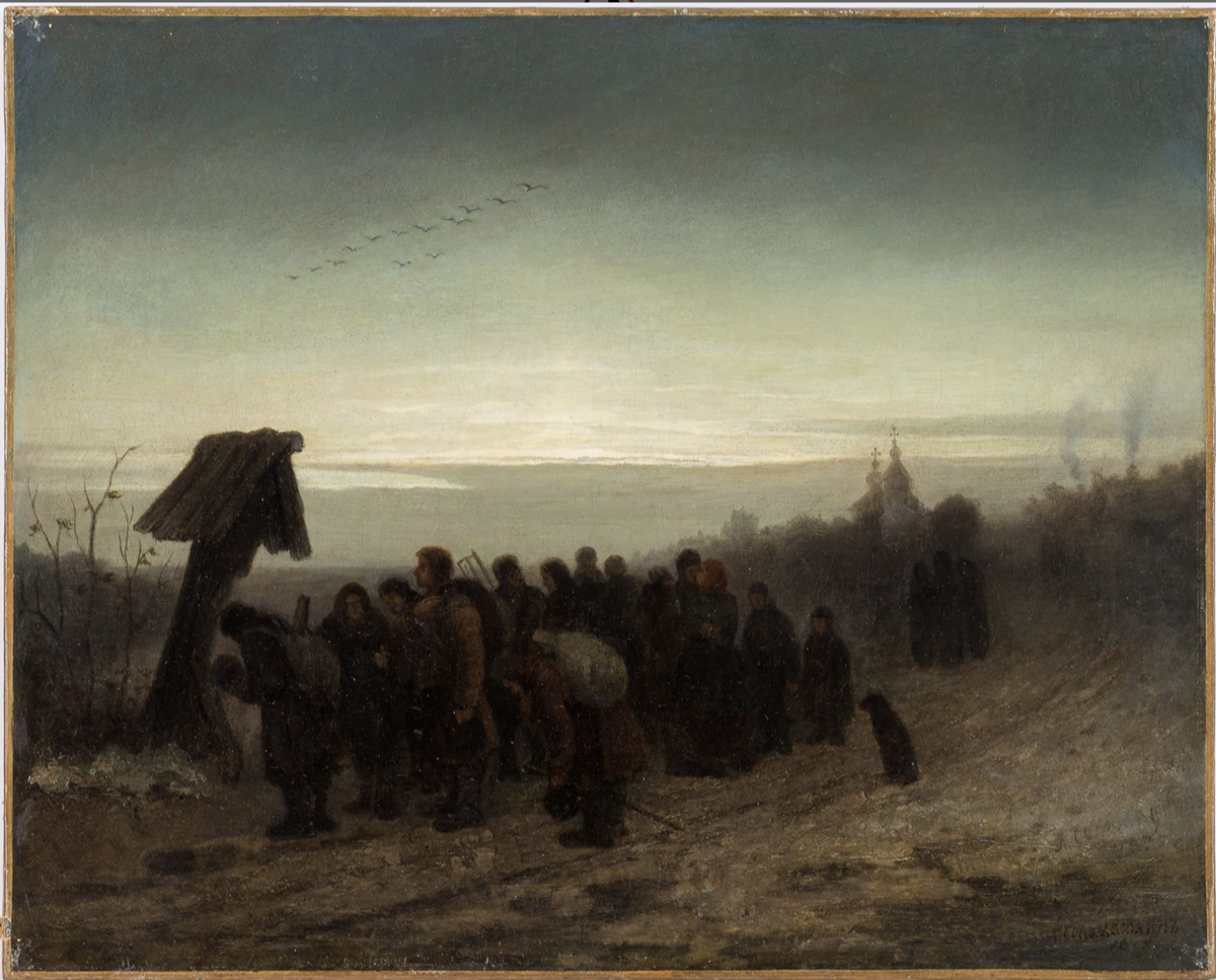 СОЛОМАТКИН Леонид Иванович (1837–1883) У поклонного креста. 1875 Холст, масло. 48 × 60

